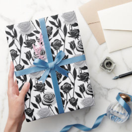 Minimalist Black Roses With Light Gray Stems Geschenkpapier