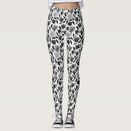 Minimalist Black Roses With Light Gray Stems Leggings