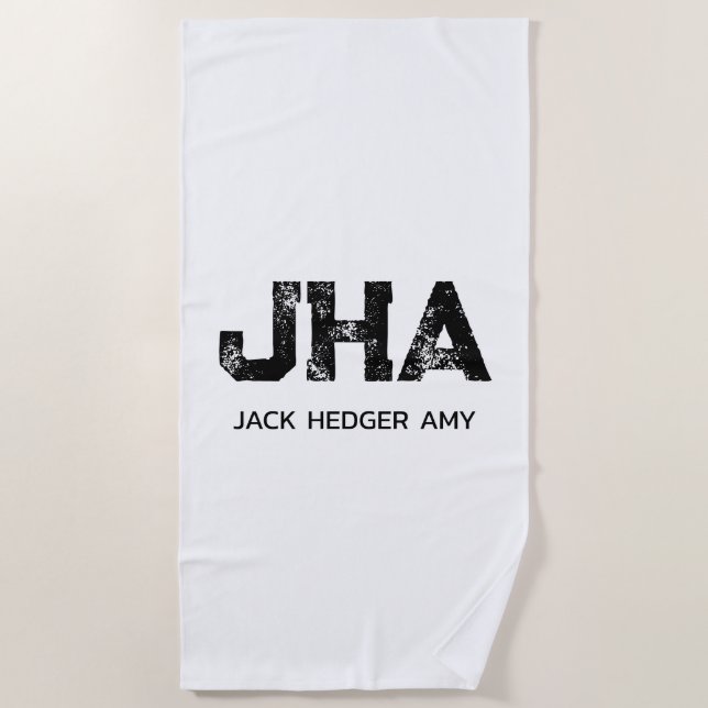 MINIMALIST BLACK THREE LETTER MONOGRAM NAME WHITE STRANDTUCH (Vorderseite)