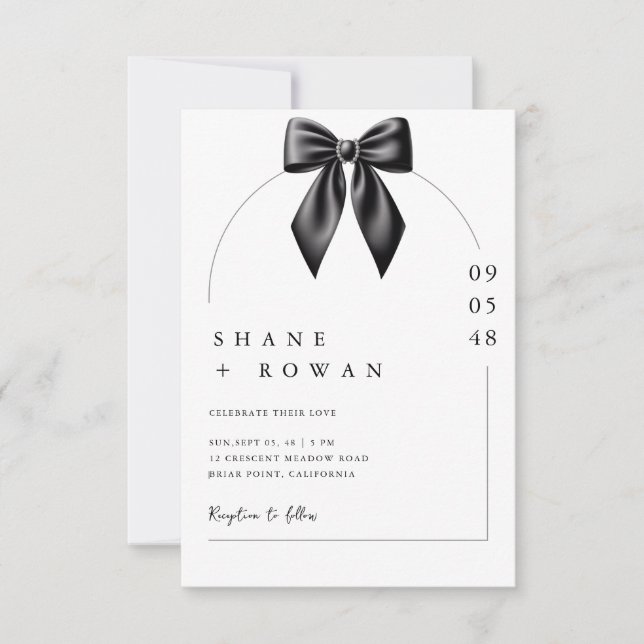 Minimalist Black & White Bow Wedding Invitation  Einladung (Vorderseite)