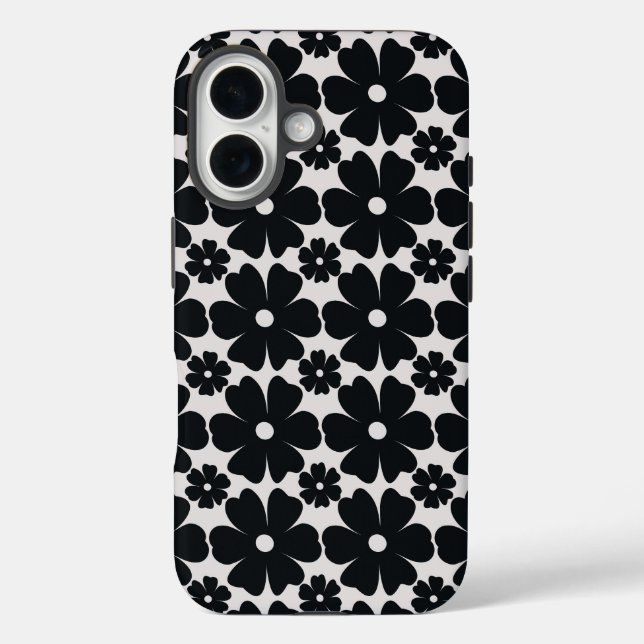 Minimalist black & white daisy pattern iPhone 16 hülle (Rückseite)