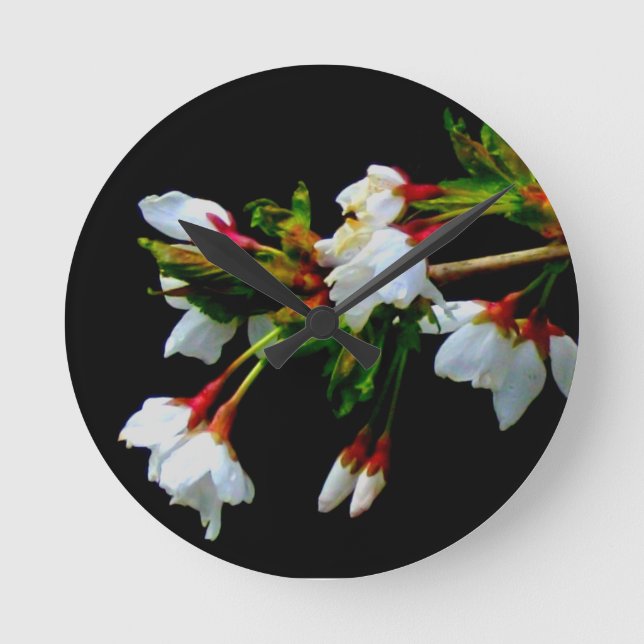 Minimalist Black White flowering Cherry Blossoms Runde Wanduhr (Vorderseite)
