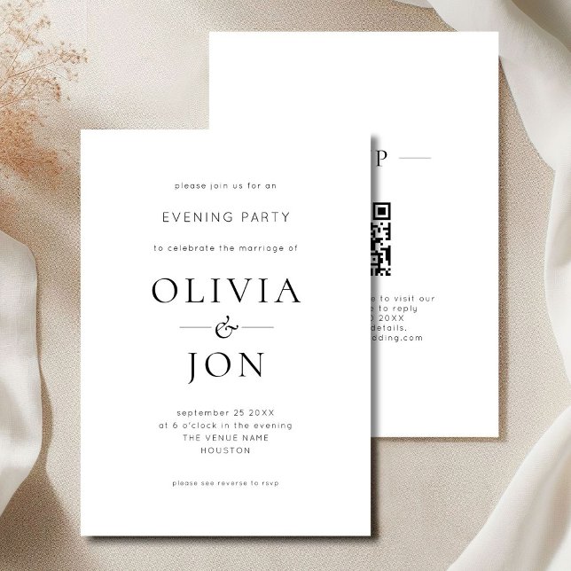 Minimalist Black White QR Code Wedding Evening Einladung (Front and back view)