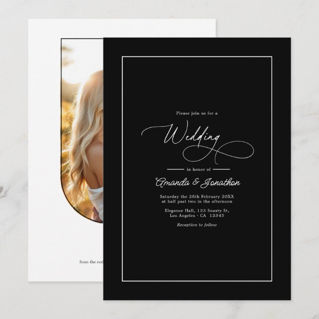 Minimalist Black & White Timeless Wedding QR Code Einladung (Vorne/Hinten)