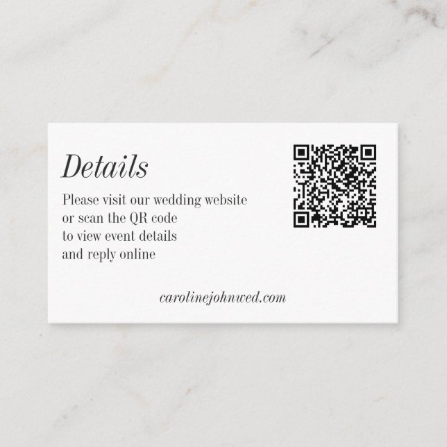 Minimalist Black White Wedding QR Code Details Begleitkarte (Vorderseite)