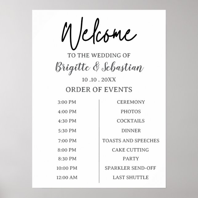 Minimalist Black & White Wedding Welcome Timeline Poster (Vorne)