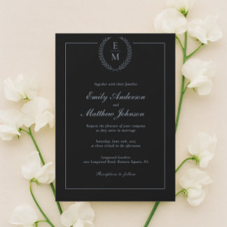 Minimalist Black With Blue Wedding Invitation