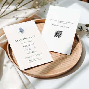 Minimalist Blaue Wasserfarbe Distel Hochzeit QR Co Save The Date