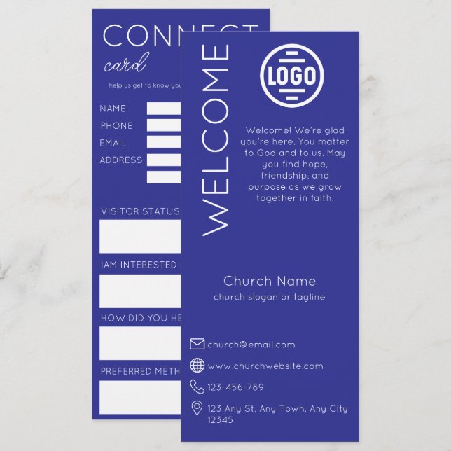 Minimalist Blue Church Connection Card Einladung (Vorne/Hinten)