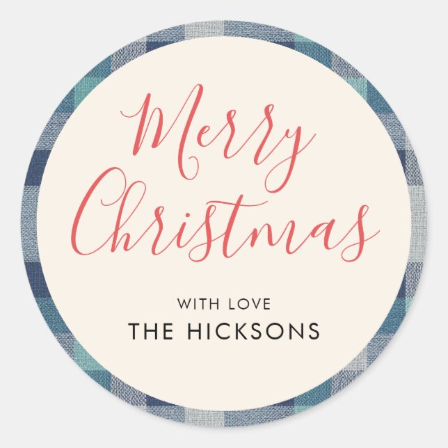 Minimalist Blue Gray Plaid Merry Christmas  Runder Aufkleber (Vorderseite)