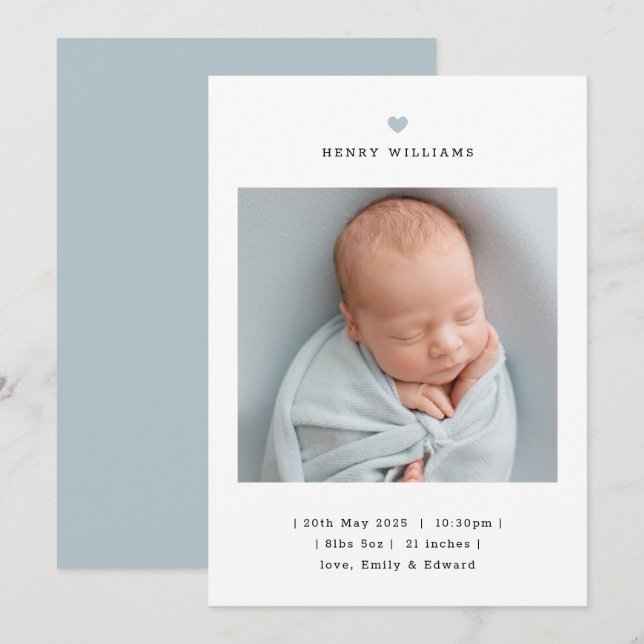 Minimalist Blue Heart Boy Birth Announcement Ankündigung (Vorne/Hinten)