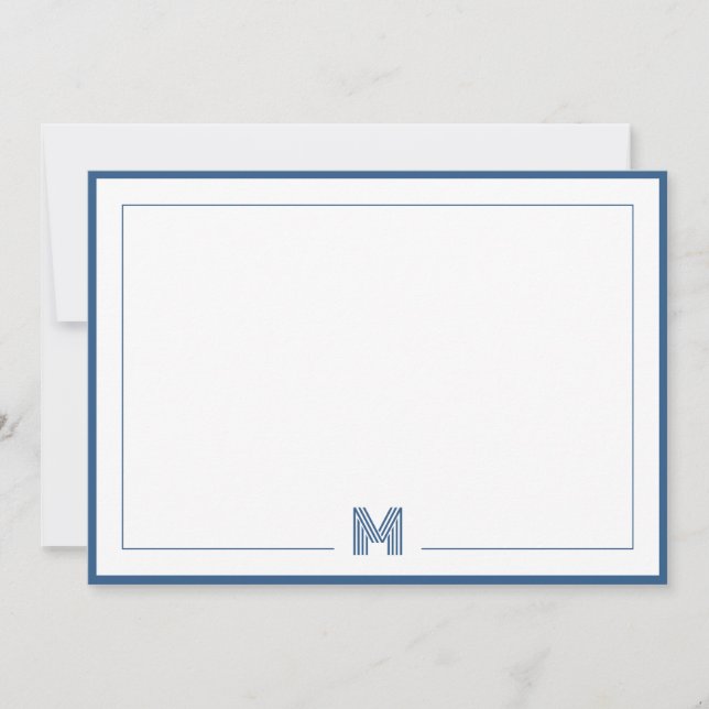 Minimalist Blue Monogram Double Border Stationery Mitteilungskarte (Vorderseite)