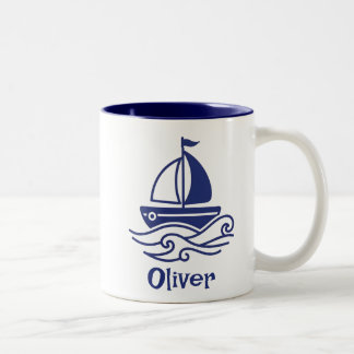 Minimalist Blue Sailboat Sailing Maritime Zweifarbige Tasse