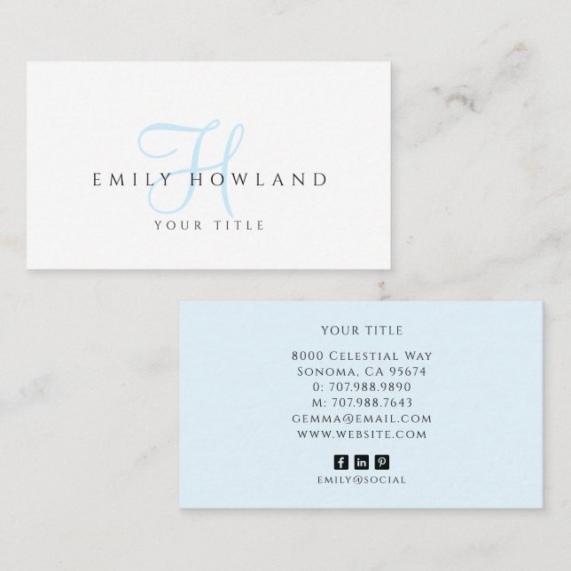 Minimalist Blue Script Monogramm Name  Visitenkarte (Vorne/Hinten)