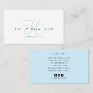 Minimalist Blue Script Monogramm Name Visitenkarte