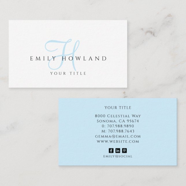 Minimalist Blue Script Monogramm Name  Visitenkarte (Vorne/Hinten)