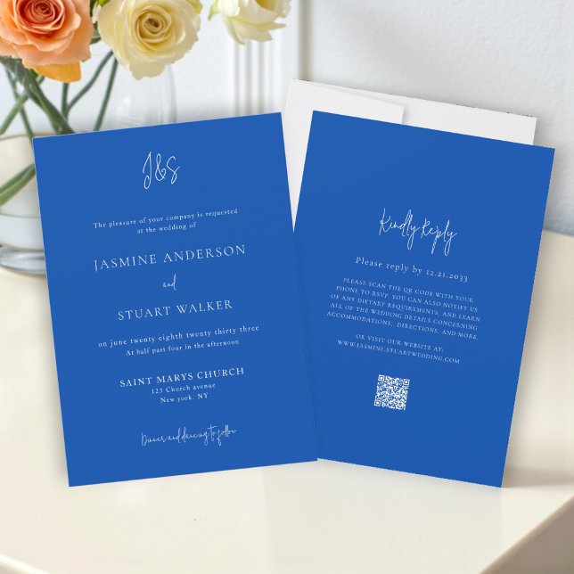 Minimalist Blue Wedding Invitation QR Website link Einladung (Von Creator hochgeladen)