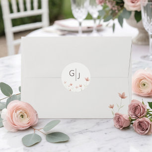 Minimalist Blush Rosa Florales Monogramm Hochzeit Runder Aufkleber