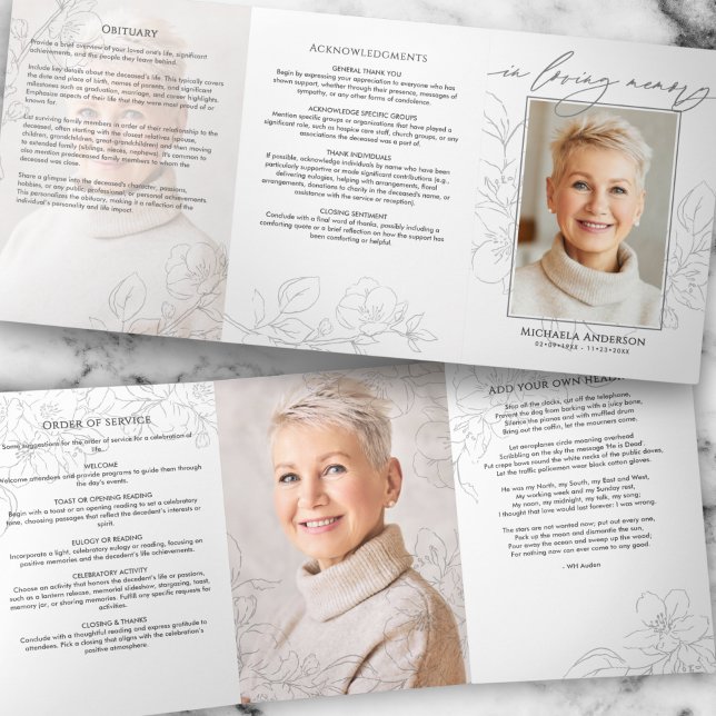 Minimalist Botanical 3-Photo Funeral/Memorial Dreifach-gefaltete Programmkarte (Von Creator hochgeladen)