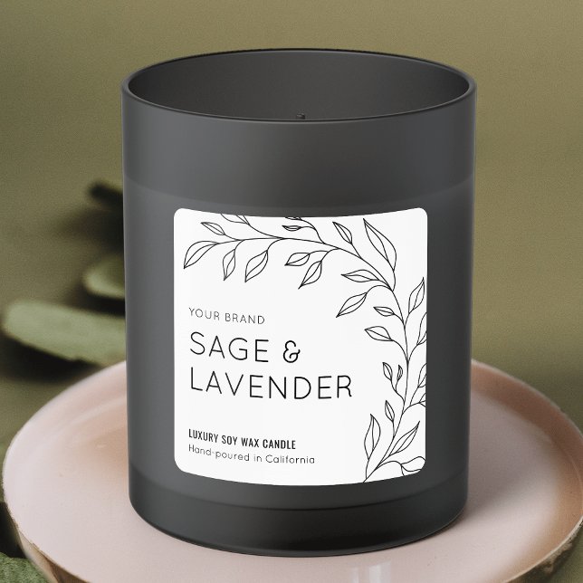 Minimalist Botanical Black & White Candle Label Quadratischer Aufkleber (Minimalist botanical candle label in black and white with fully editable text, colors and layout)