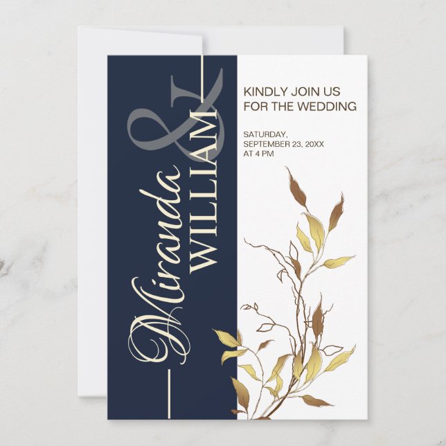 Minimalist Botanical Navy Blue Wedding Invitation (Devant)