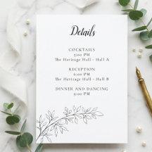 Minimalist Botanical Wedding Details Card Black