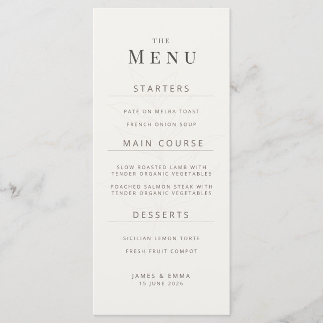 Minimalist Botanical Wedding Menu | Warm White Menükarte (Vorderseite)
