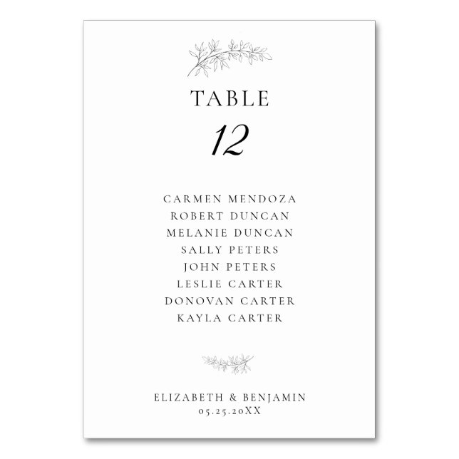 Minimalist Botanical Wedding Seating Chart Budget Tischnummer (Vorderseite)