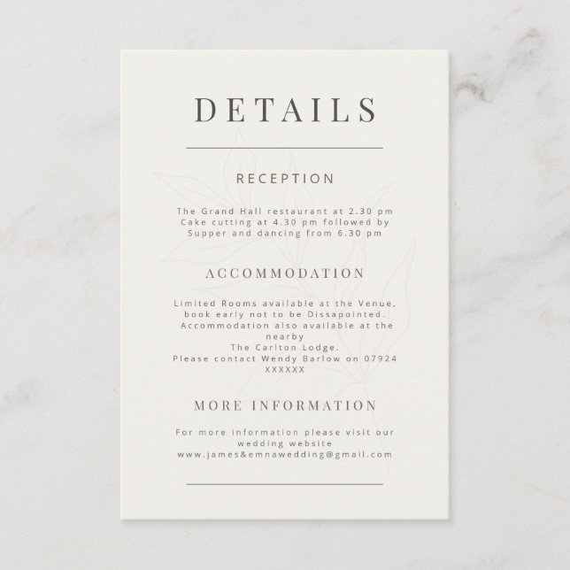 Minimalist Botanical Wedding Warm White Begleitkarte (Vorderseite)
