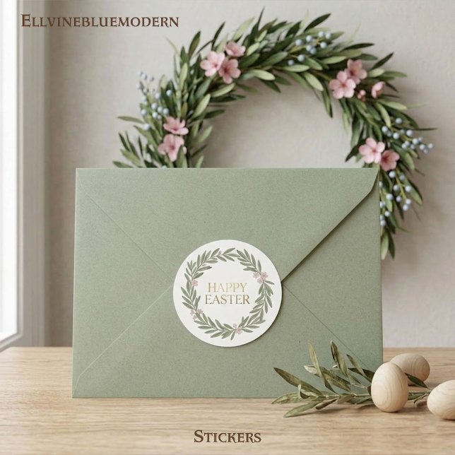 Minimalist Botanical Wreath Happy Easter Runder Aufkleber (Chic floral foliage design: the perfect sophisticated seal for invitations or spring gift baskets.)