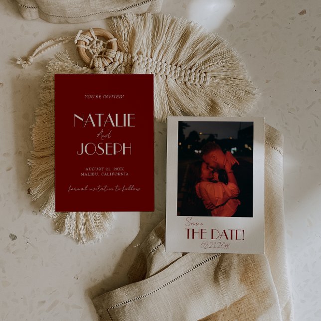 Minimalist Burgundy Whimsical Retro Photo Wedding Save The Date (Von Creator hochgeladen)