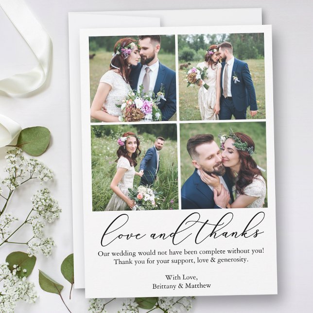 Minimalist Calligraphy 4 Photos Wedding Love Dankeskarte (Customize to add text or more photos to back of card.)