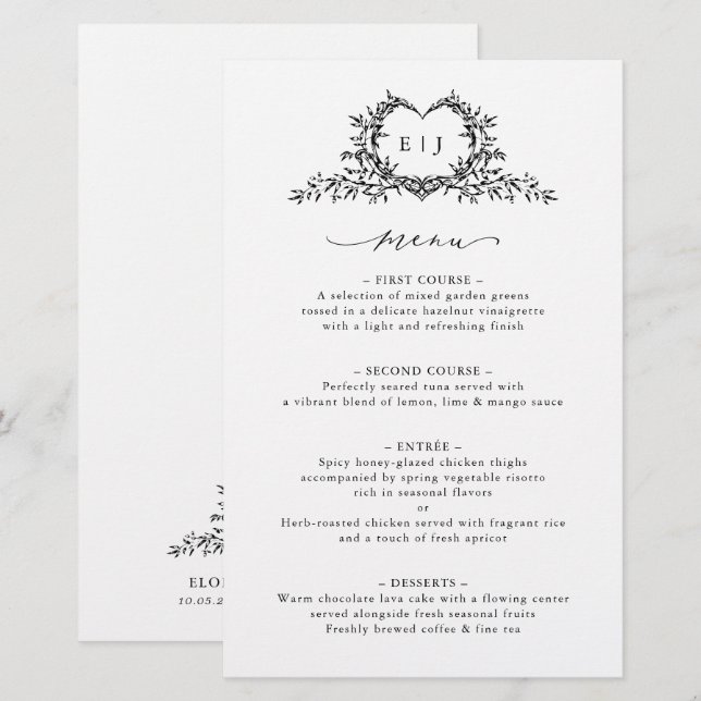 Minimalist Calligraphy Crest monogram Wedding Menu (Vorne/Hinten)