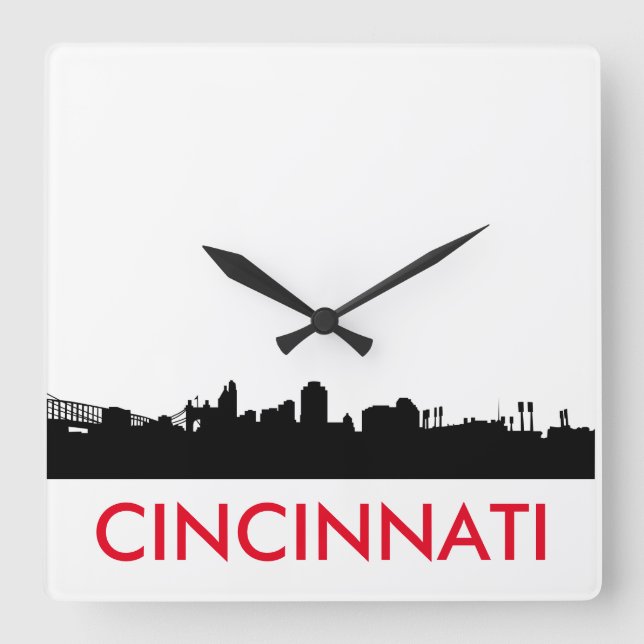 Minimalist Cincinnati Ohio Skyline Clock Quadratische Wanduhr (Vorderseite)
