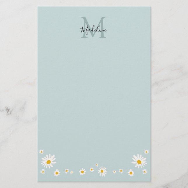 Minimalist Daisy Teal Script Monogram Briefpapier (Vorderseite)