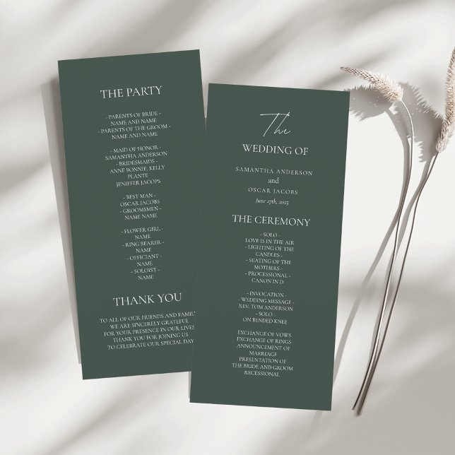 Minimalist Dark Green Wedding Program | Modern  Menükarte (Von Creator hochgeladen)