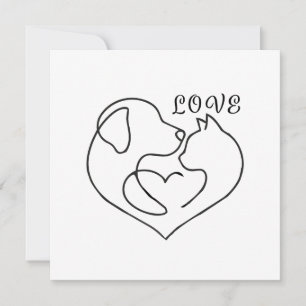 Minimalist Dog and Cat Heart - One Line Art Design Karte