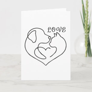 Minimalist Dog and Cat Heart - One Line Art Design Karte