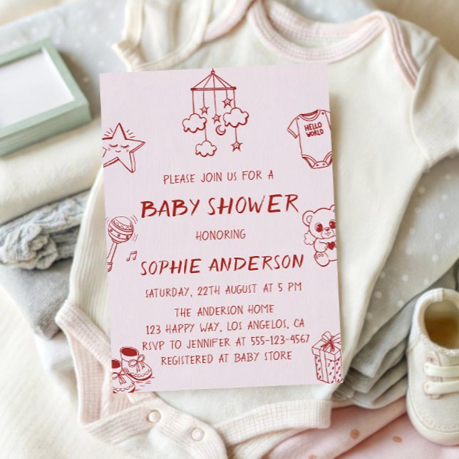 Minimalist Doodle Cute Blush Baby Shower Einladung (Von Creator hochgeladen)