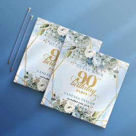 Minimalist Dusty Blue Floral Script 90th Birthday  Gästebuch