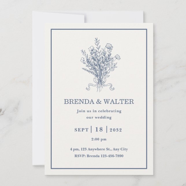 Minimalist Dusty Blue Floral Sketch Wedding  Einladung (Vorderseite)