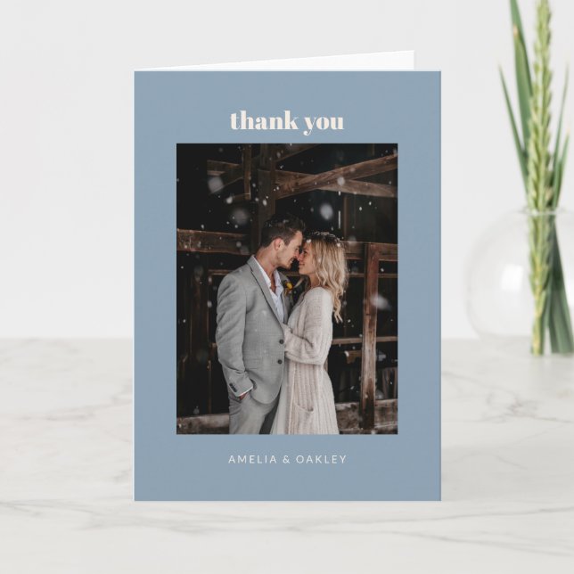 Minimalist Dusty Blue Wedding Photo Folded Dankeskarte (Vorderseite)