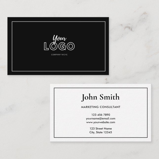Minimalist Elegant Black and White with Logo Visitenkarte (Vorne/Hinten)