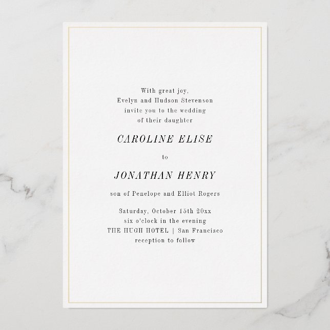 Minimalist Elegant Black White Serif Wedding Gold Folieneinladung (Vorderseite)