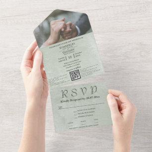 Minimalist Elegant Blass-Salbei-Grün Celadon QR-Co All In One Einladung