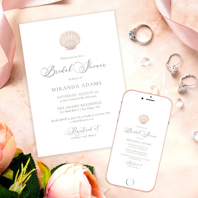 Minimalist Elegant Sea Shell Beach Bridal Shower Einladung (Von Creator hochgeladen)