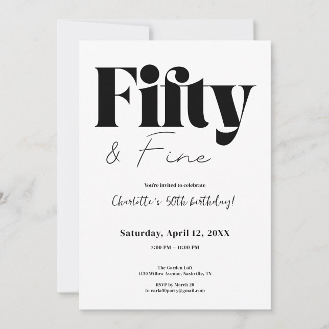 Minimalist Fifty & Fine 50th Birthday Einladung (Vorderseite)