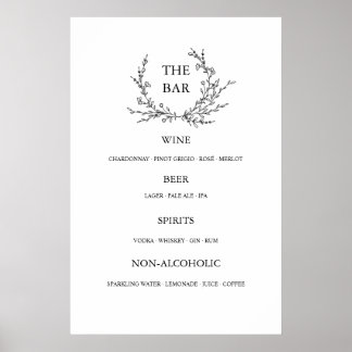 Minimalist Floral Line Art Wedding Open Bar Menu Poster