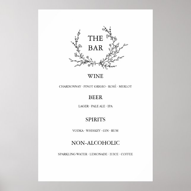 Minimalist Floral Line Art Wedding Open Bar Menu Poster (Vorne)