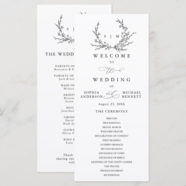 Minimalist Floral Line Art Wedding Program Programm (Vorne/Hinten)